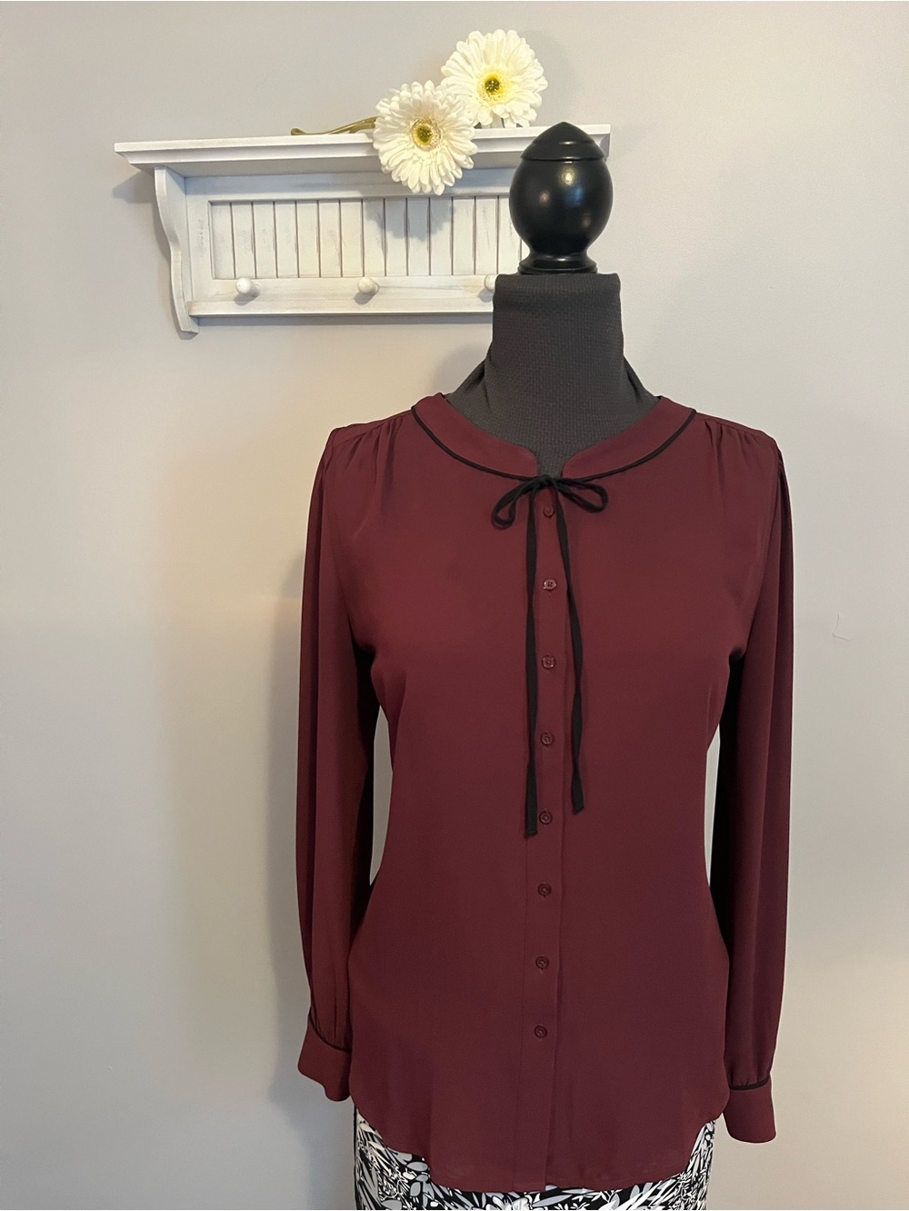 LOFT Plum Long-Sleeve Button-Down Tie-Neck Blouse